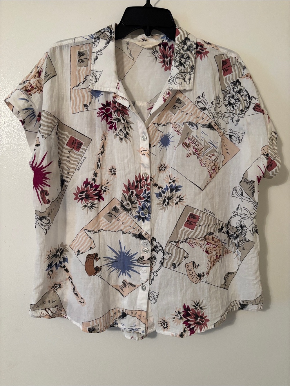 Lucky Brand White Button-Down Shirt with Floral & Graphic Print